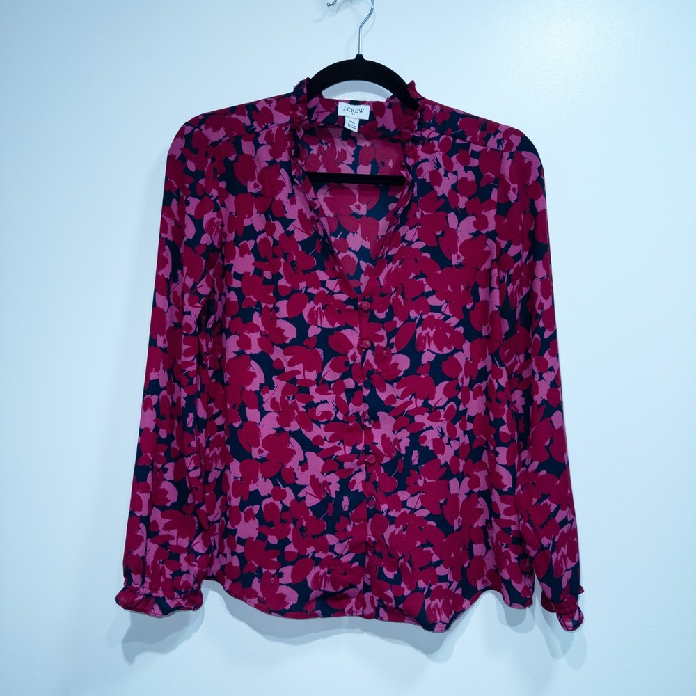 J. Crew‎ Pink Azalea Berry Floral Printed Ruffleneck Button-Up Top Size XS